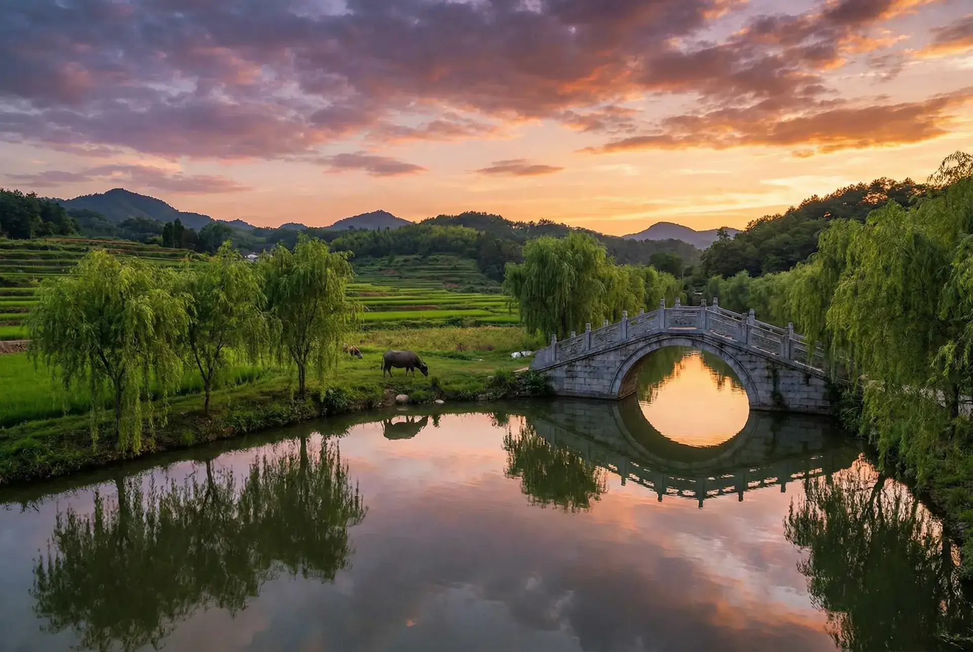 夕阳下的石拱桥与垂柳，水牛在河边吃草 - 年轻的妈妈8中语版 乡村美景